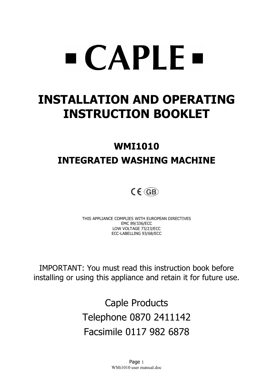 Caple WMi1010 User Manual | 10 pages