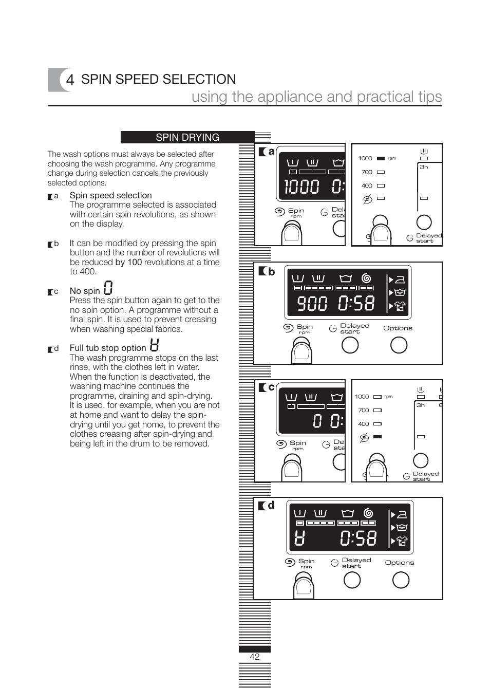 Using the appliance and practical tips, Spin speed selection | Caple WMF1020 User Manual | Page 15 / 25