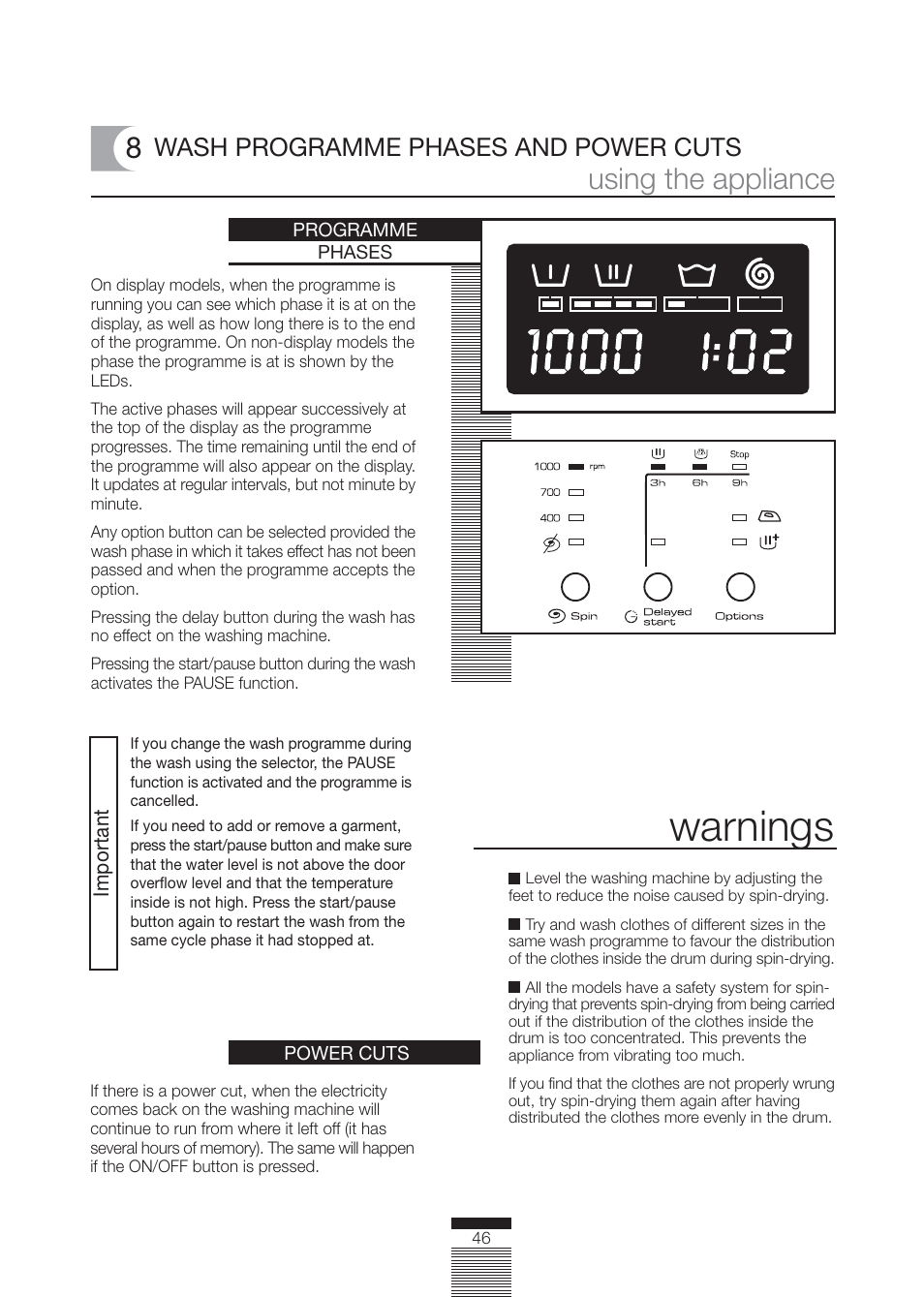 Warnings, Using the appliance, Wash programme phases and power cuts | Caple WMF1020 User Manual | Page 19 / 25