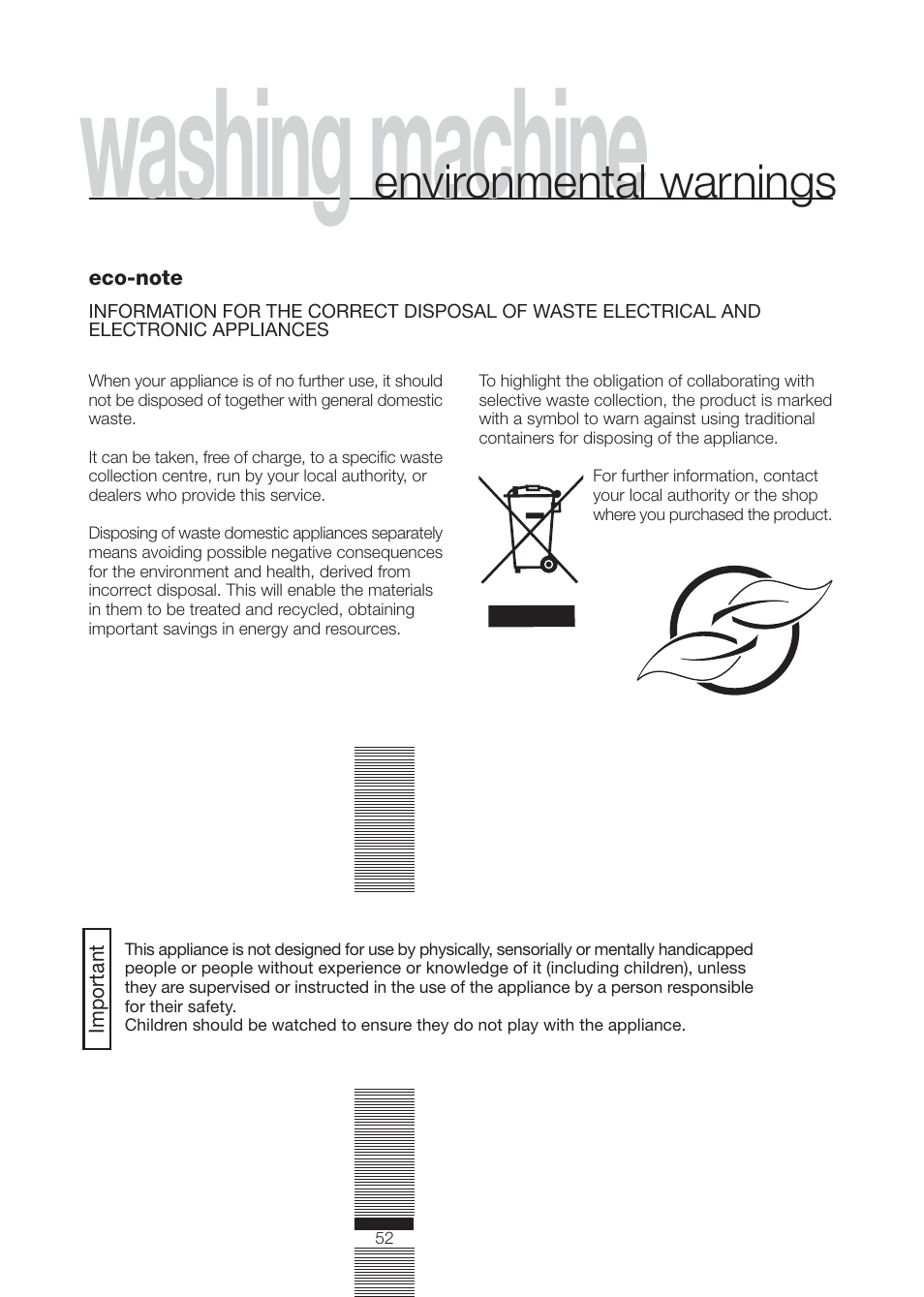 Washing machine, Environmental warnings | Caple WMF1020 User Manual | Page 25 / 25