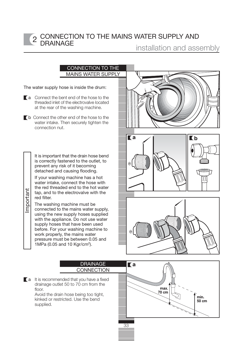 Installation and assembly 2, Connection to the mains water supply and drainage | Caple WMF1020 User Manual | Page 6 / 25