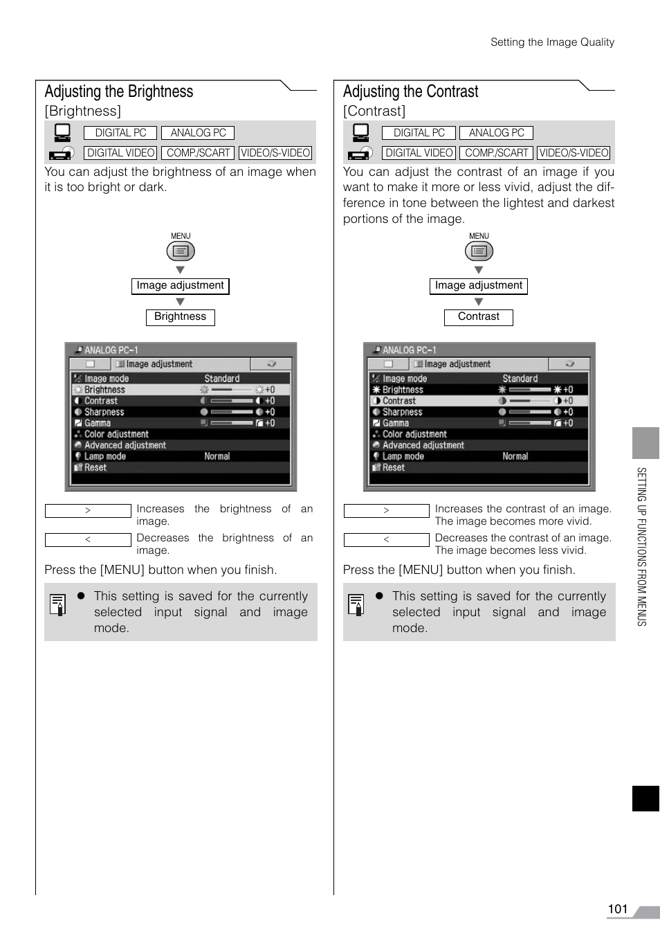 Adjusting the brightness, Adjusting the contrast, Brightness | Contrast | Canon REALiS SX60 User Manual | Page 101 / 141