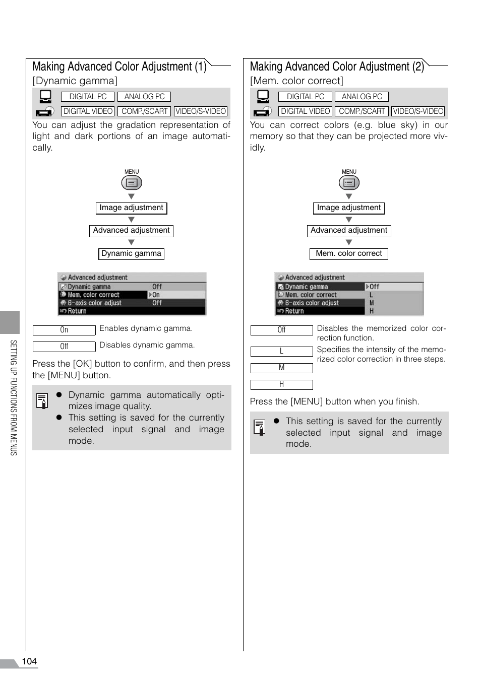 Making advanced color adjustment (1), Making advanced color adjustment (2), Dynamic gamma | Mem. color correct | Canon REALiS SX60 User Manual | Page 104 / 141