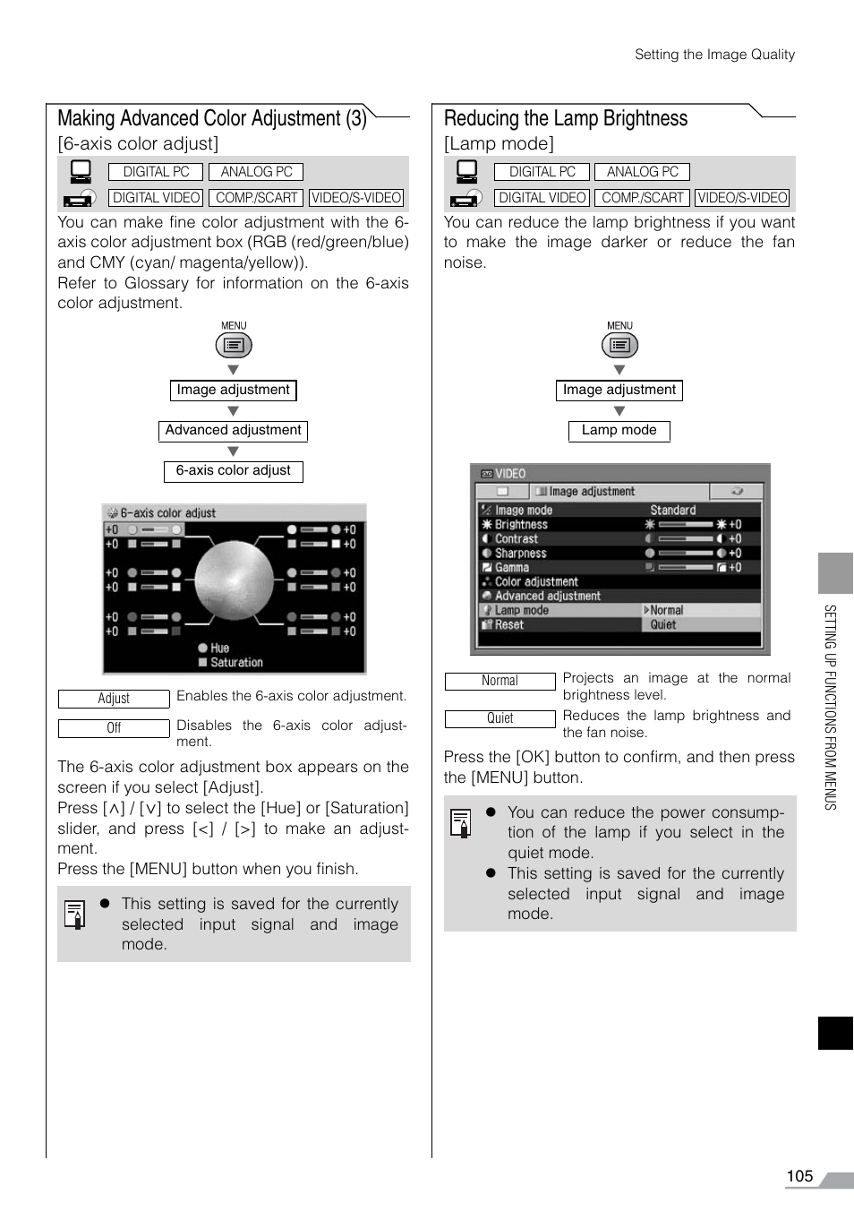 Making advanced color adjustment (3), Reducing the lamp brightness, Axis color adjust | Lamp mode | Canon REALiS SX60 User Manual | Page 105 / 141