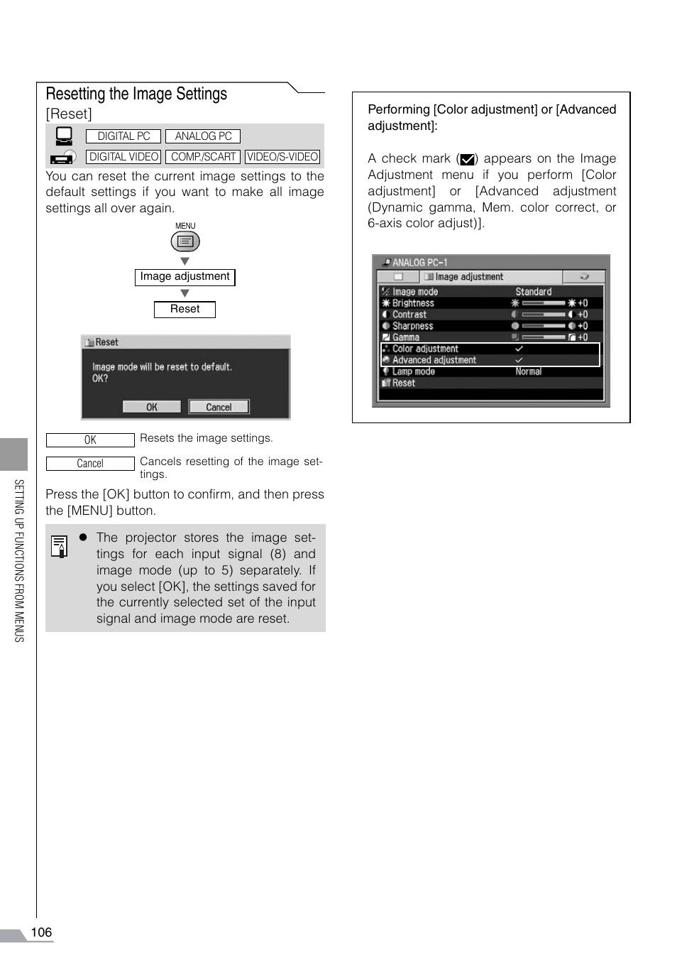 Resetting the image settings, Reset | Canon REALiS SX60 User Manual | Page 106 / 141