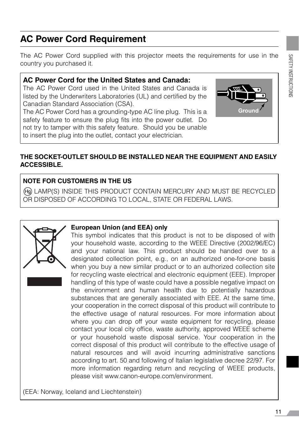 Ac power cord requirement | Canon REALiS SX60 User Manual | Page 11 / 141