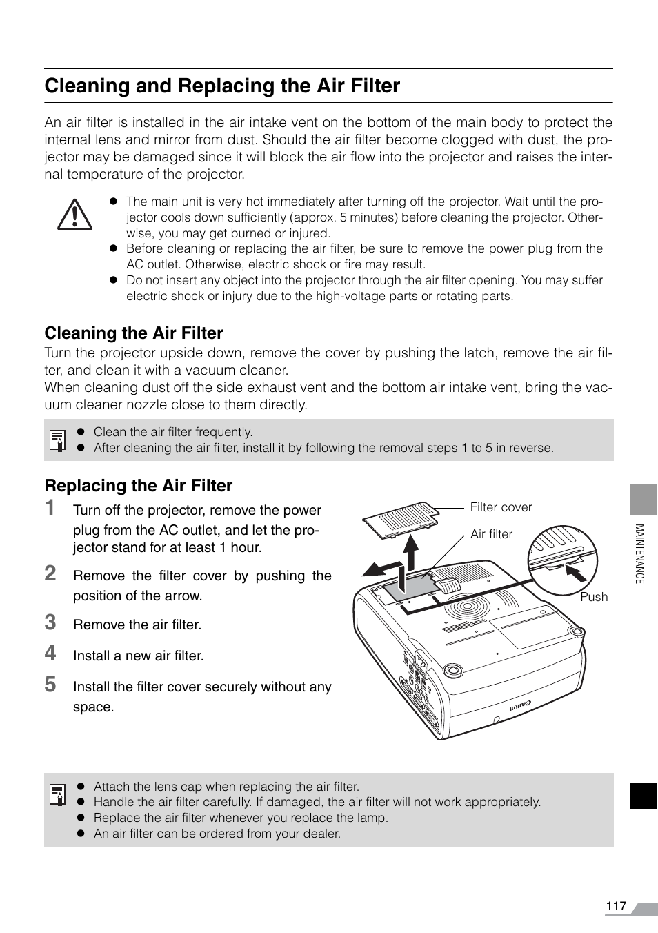 Cleaning and replacing the air filter | Canon REALiS SX60 User Manual | Page 117 / 141