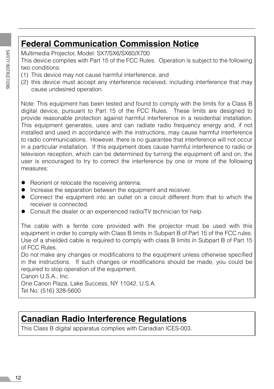 Federal communication commission notice, Canadian radio interference regulations | Canon REALiS SX60 User Manual | Page 12 / 141