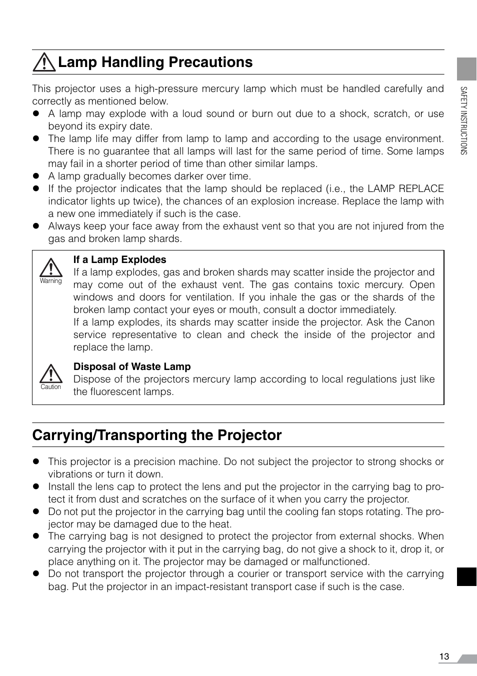 Lamp handling precautions, Carrying/transporting the projector | Canon REALiS SX60 User Manual | Page 13 / 141