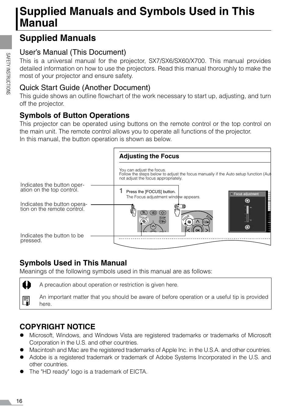 Supplied manuals and symbols used in this manual, Supplied manuals, User’s manual (this document) | Quick start guide (another document), Symbols of button operations, Symbols used in this manual, Copyright notice | Canon REALiS SX60 User Manual | Page 16 / 141