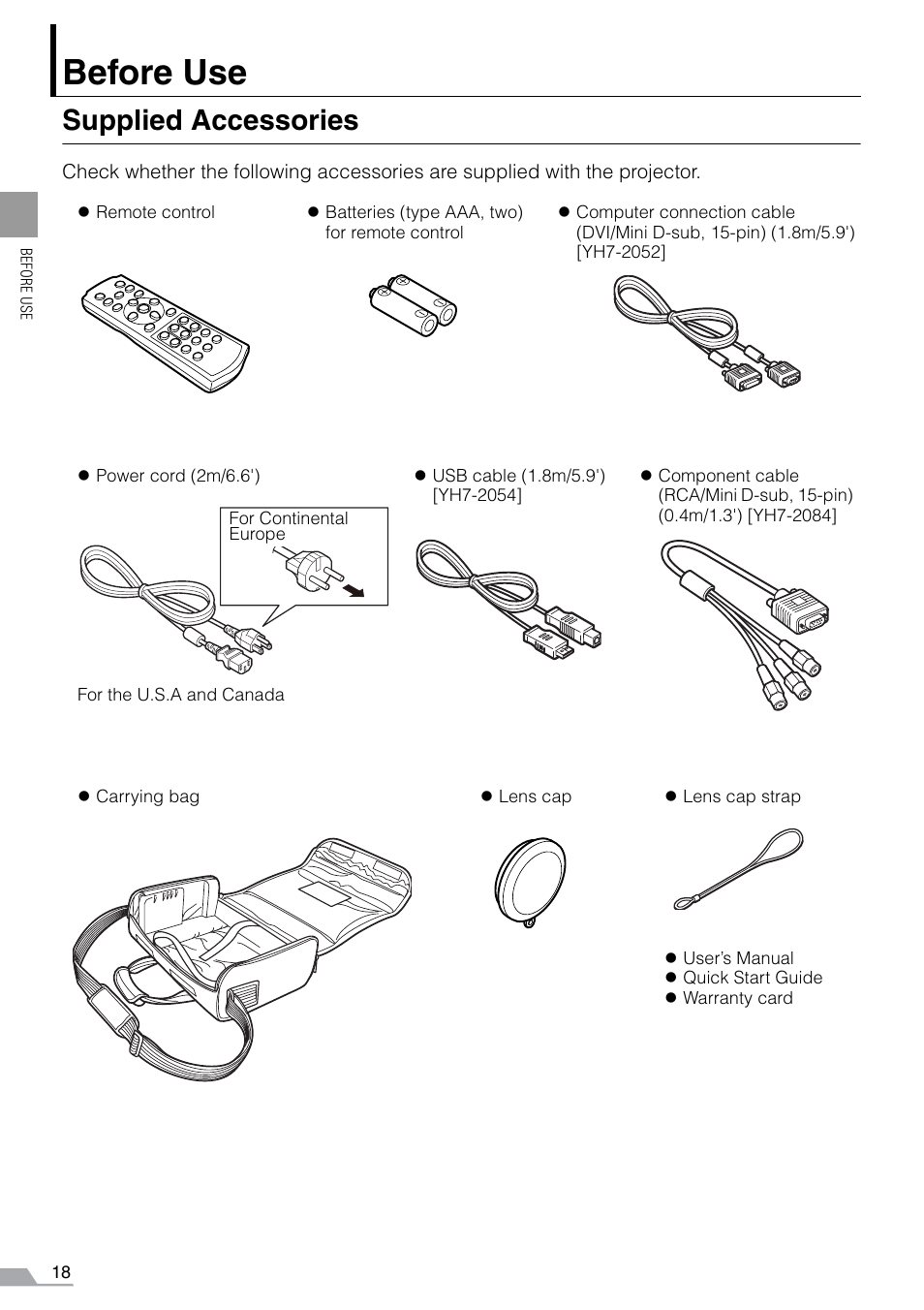 Before use, Supplied accessories | Canon REALiS SX60 User Manual | Page 18 / 141