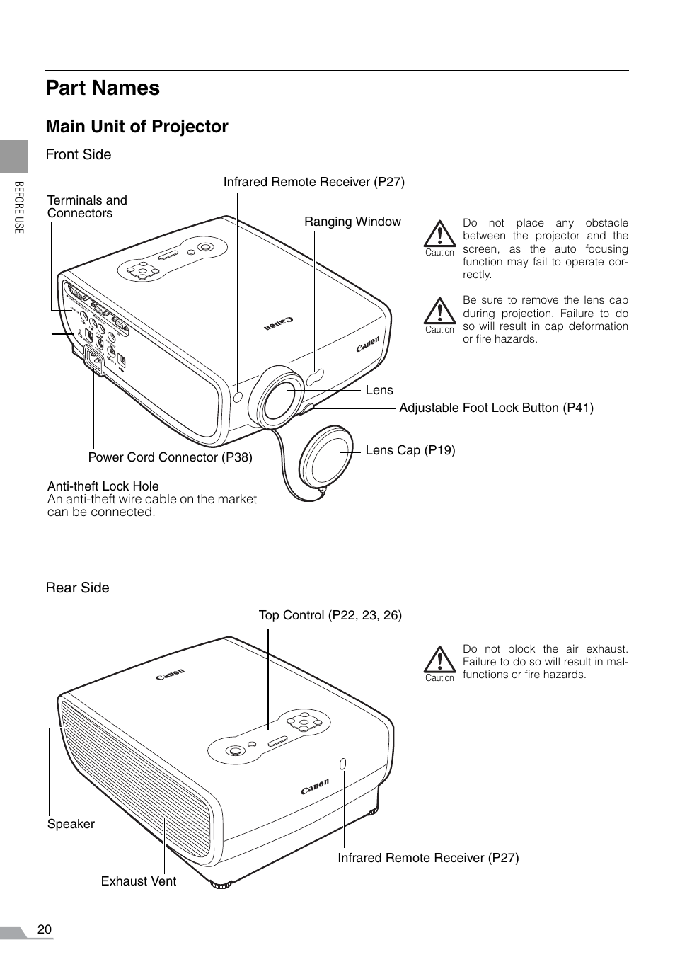 Part names, Main unit of projector | Canon REALiS SX60 User Manual | Page 20 / 141