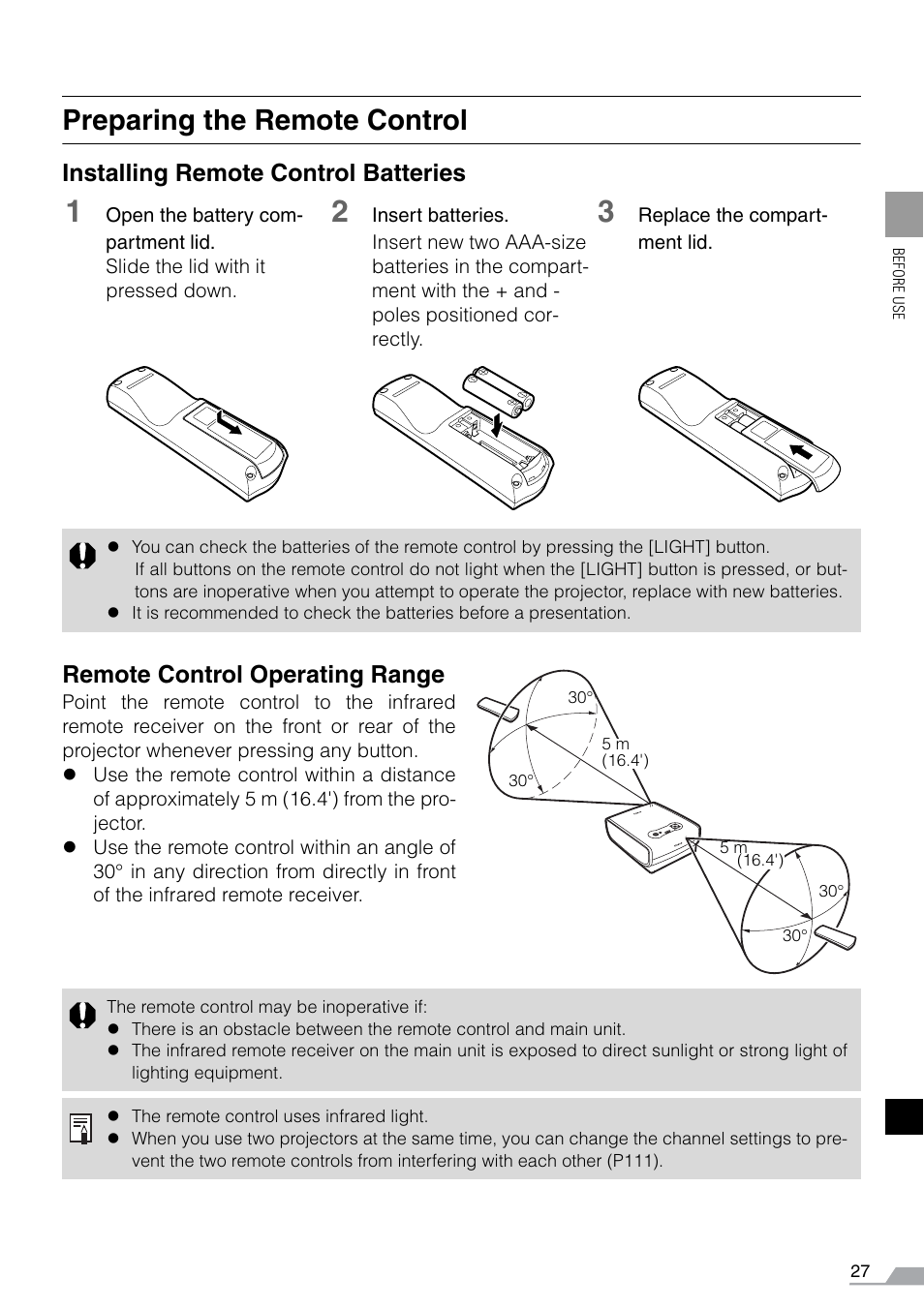 Preparing the remote control | Canon REALiS SX60 User Manual | Page 27 / 141