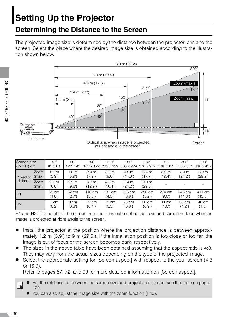 Setting up the projector, Determining the distance to the screen | Canon REALiS SX60 User Manual | Page 30 / 141