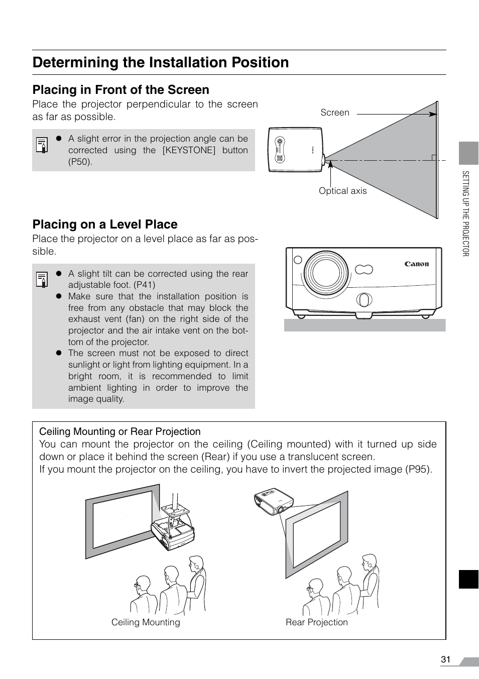 Determining the installation position, Placing in front of the screen, Placing on a level place | Canon REALiS SX60 User Manual | Page 31 / 141