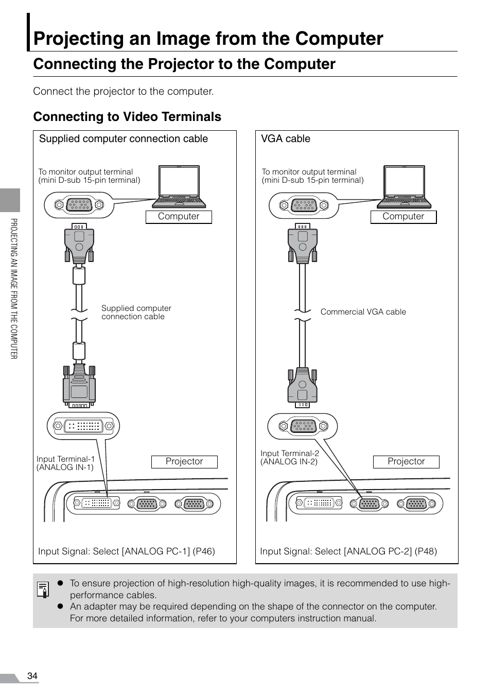 Projecting an image from the computer, Connecting the projector to the computer, Connecting to video terminals | Canon REALiS SX60 User Manual | Page 34 / 141