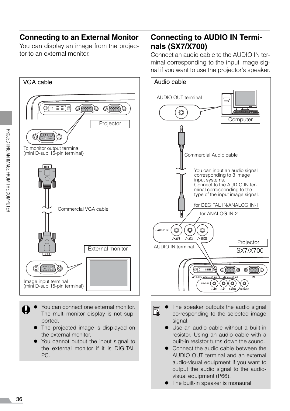 Connecting to an external monitor, Connecting to audio in termi- nals (sx7/x700) | Canon REALiS SX60 User Manual | Page 36 / 141