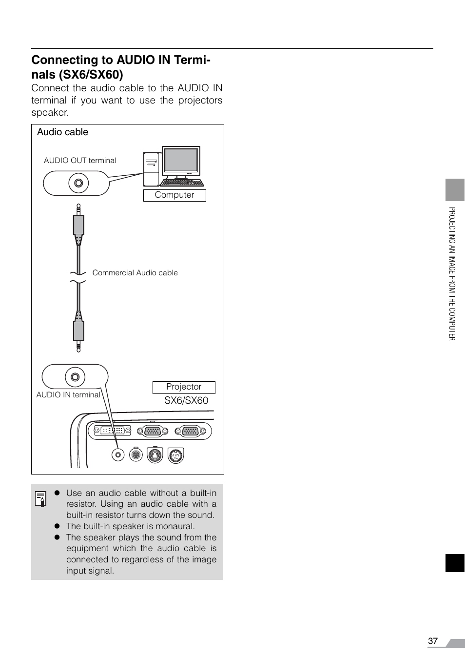 Connecting to audio in termi- nals (sx6/sx60) | Canon REALiS SX60 User Manual | Page 37 / 141