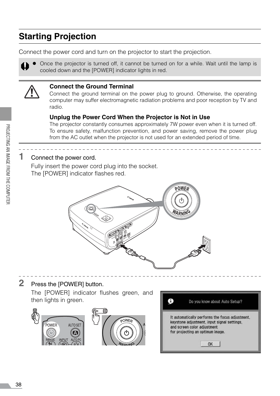 Starting projection | Canon REALiS SX60 User Manual | Page 38 / 141