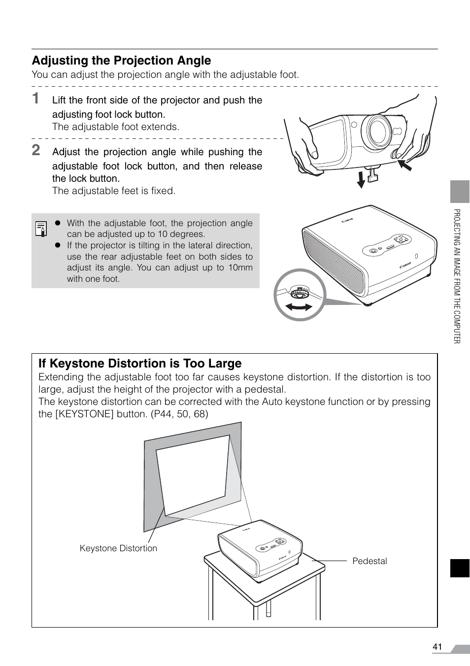 Adjusting the projection angle, If keystone distortion is too large | Canon REALiS SX60 User Manual | Page 41 / 141