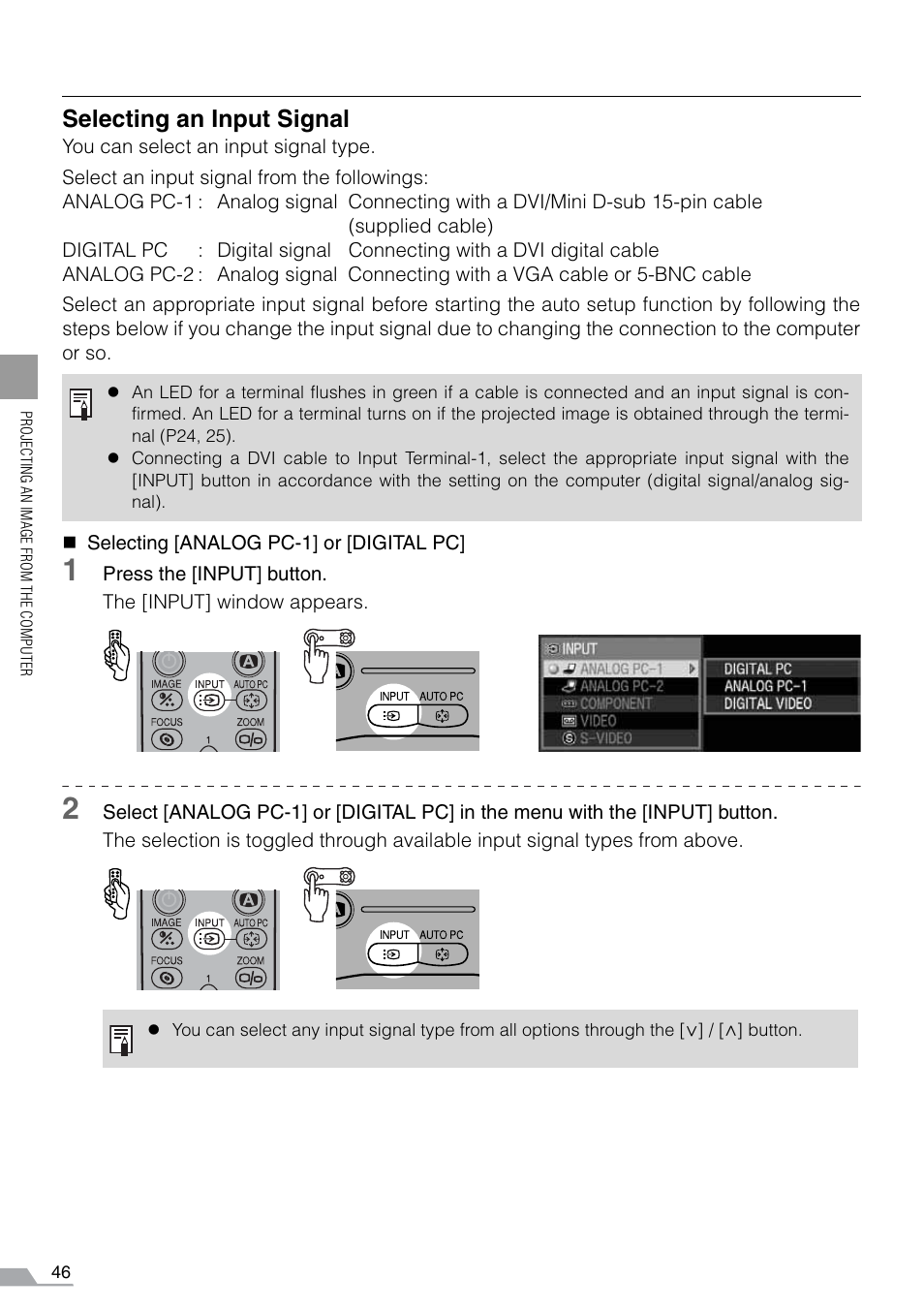 Selecting an input signal | Canon REALiS SX60 User Manual | Page 46 / 141