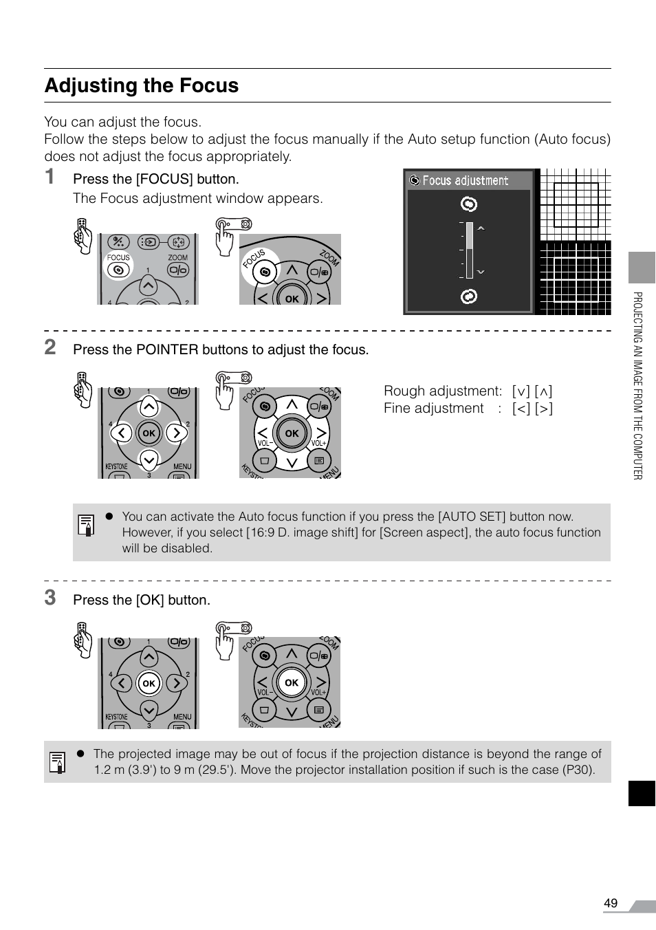 Adjusting the focus | Canon REALiS SX60 User Manual | Page 49 / 141