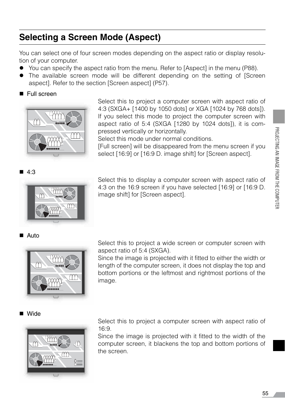 Selecting a screen mode (aspect) | Canon REALiS SX60 User Manual | Page 55 / 141