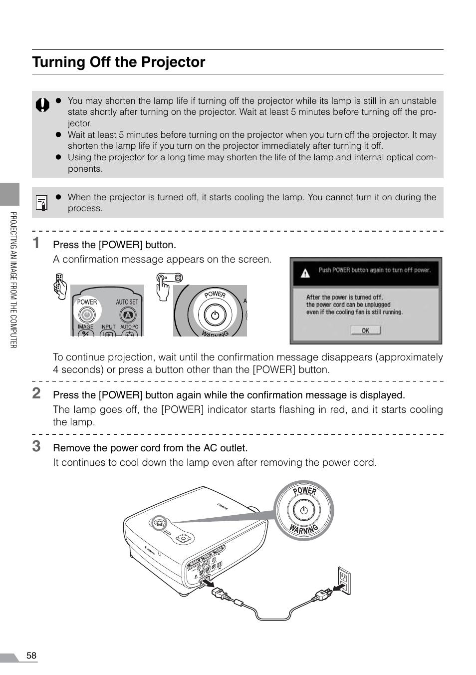 Turning off the projector | Canon REALiS SX60 User Manual | Page 58 / 141