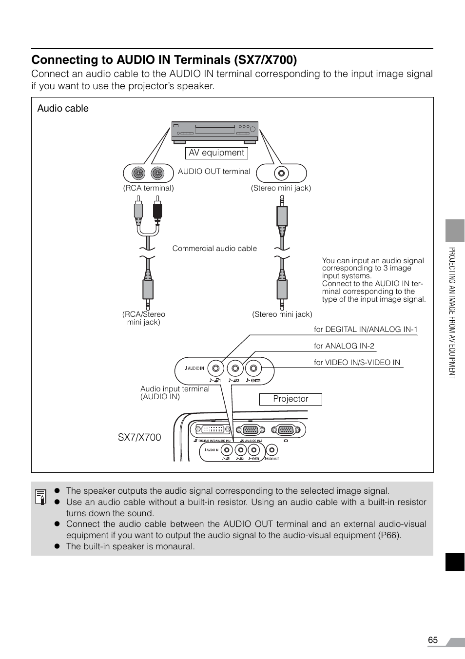 Connecting to audio in terminals (sx7/x700), Audio cable, Sx7/x700 | Canon REALiS SX60 User Manual | Page 65 / 141