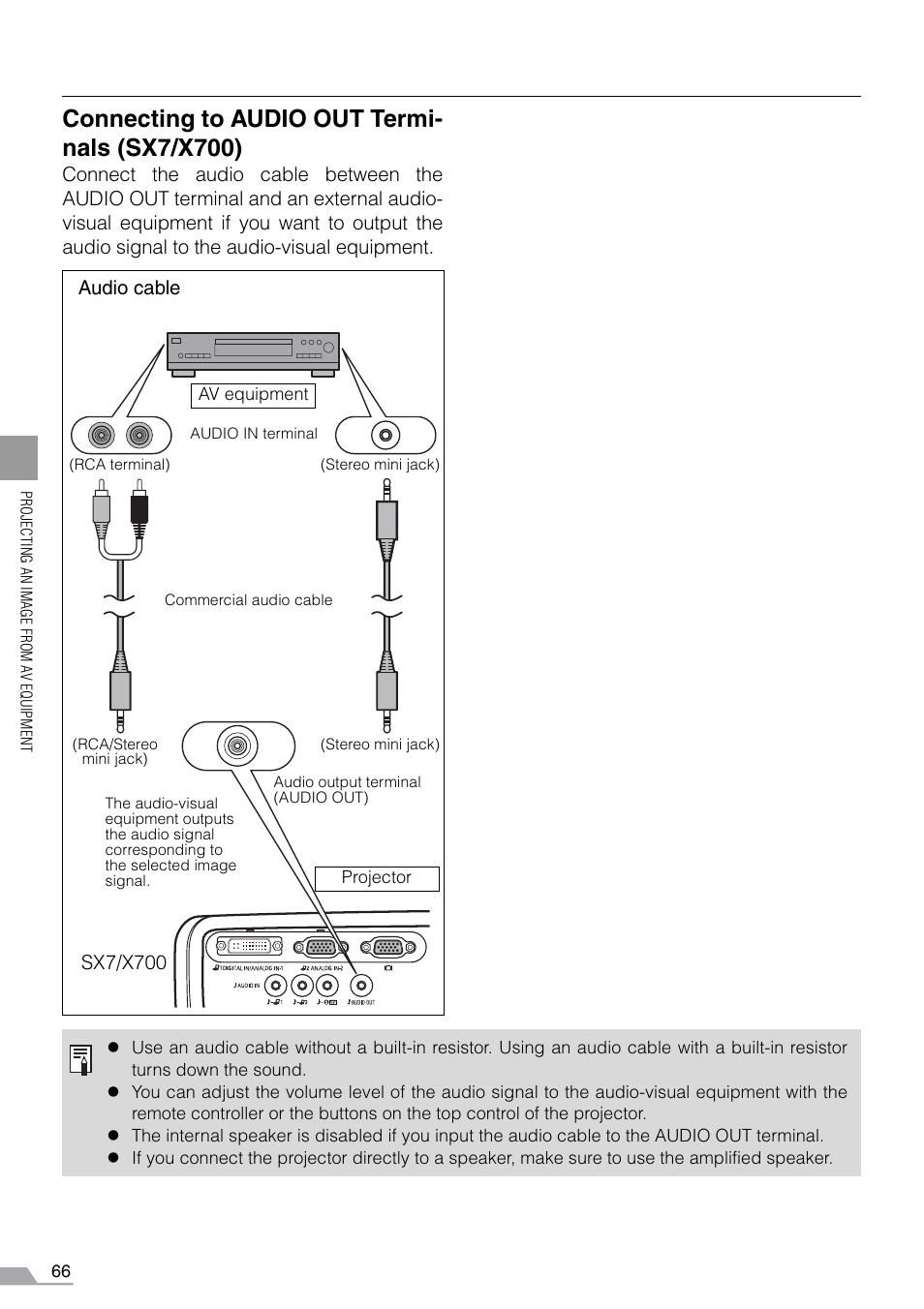 Connecting to audio out termi- nals (sx7/x700) | Canon REALiS SX60 User Manual | Page 66 / 141