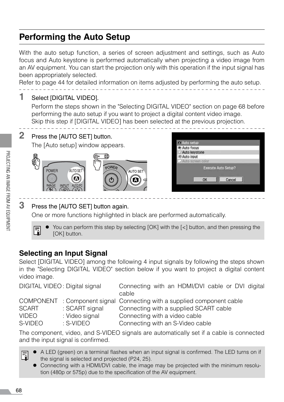 Performing the auto setup, Selecting an input signal | Canon REALiS SX60 User Manual | Page 68 / 141