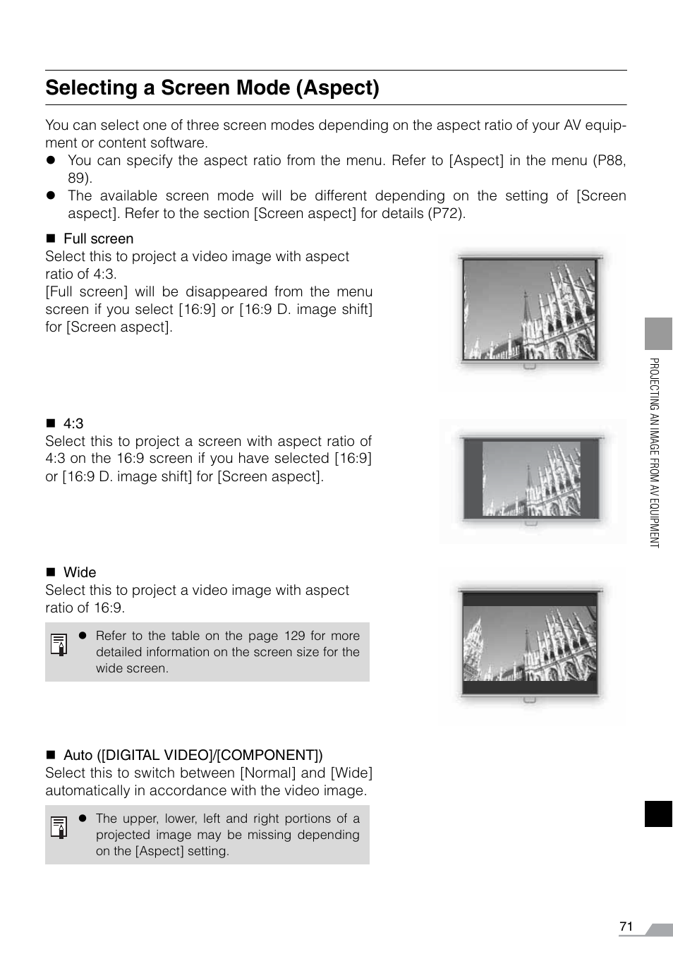 Selecting a screen mode (aspect) | Canon REALiS SX60 User Manual | Page 71 / 141