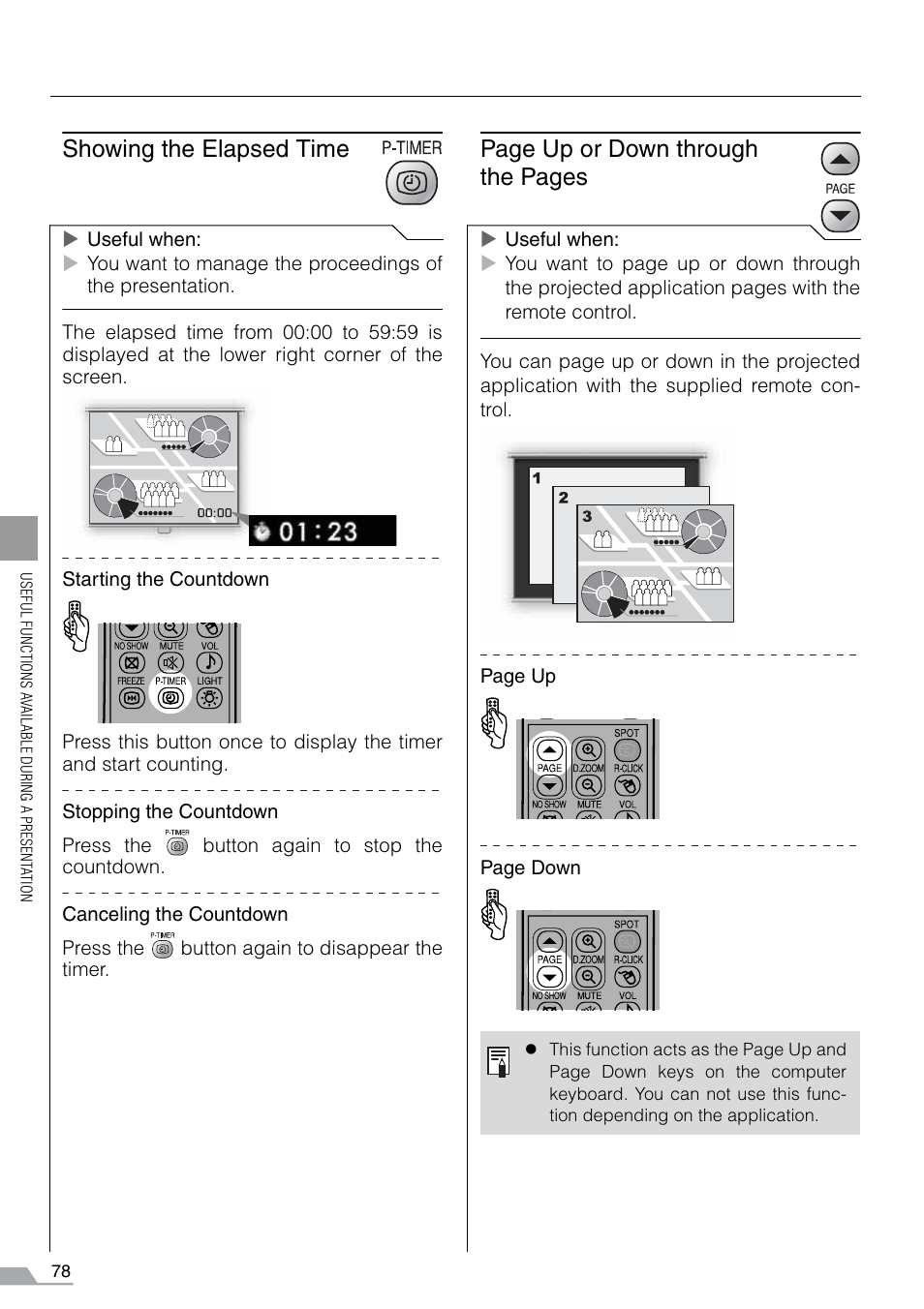 Showing the elapsed time, Page up or down through the pages | Canon REALiS SX60 User Manual | Page 78 / 141