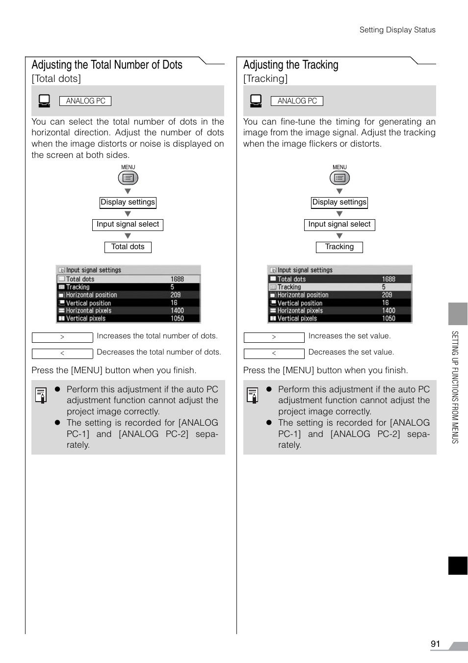 Adjusting the total number of dots, Adjusting the tracking, Total dots | Tracking | Canon REALiS SX60 User Manual | Page 91 / 141