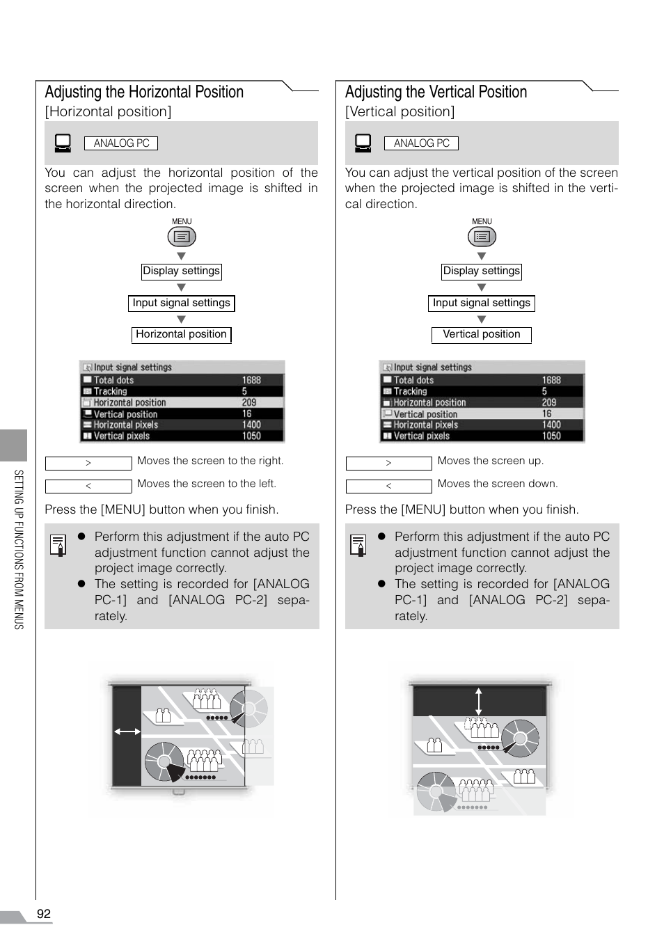 Adjusting the horizontal position, Adjusting the vertical position, Horizontal position | Vertical position | Canon REALiS SX60 User Manual | Page 92 / 141