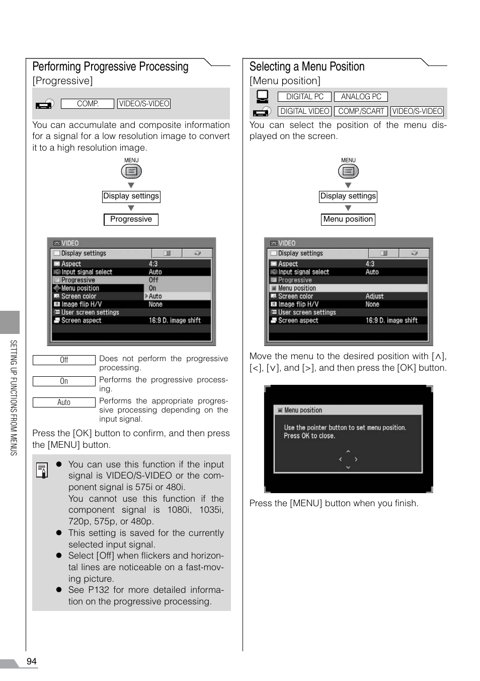 Performing progressive processing, Selecting a menu position | Canon REALiS SX60 User Manual | Page 94 / 141