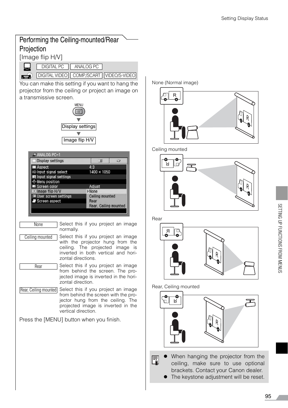 Performing the ceiling-mounted/rear projection, Image flip h/v | Canon REALiS SX60 User Manual | Page 95 / 141