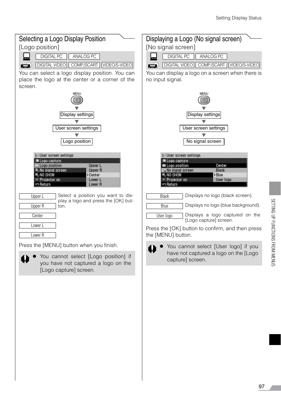 Selecting a logo display position, Displaying a logo (no signal screen), Logo position | No signal screen | Canon REALiS SX60 User Manual | Page 97 / 141