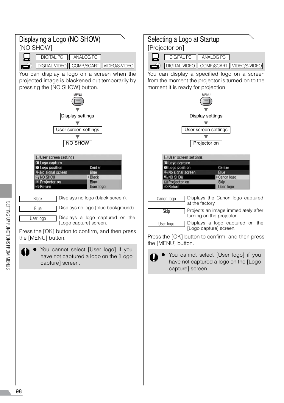 Displaying a logo (no show), Selecting a logo at startup, No show | Projector on | Canon REALiS SX60 User Manual | Page 98 / 141