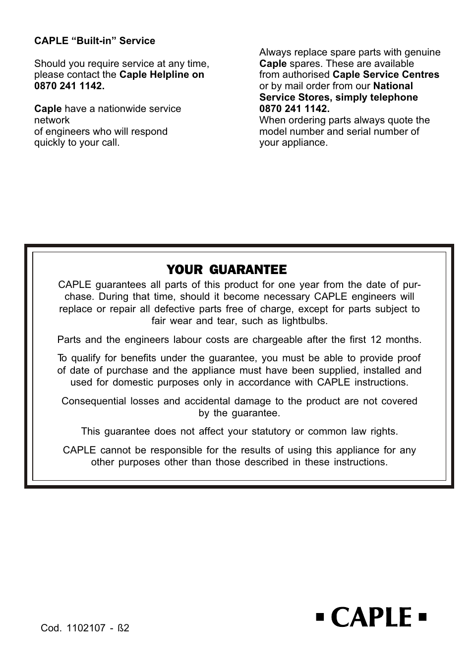 Your guarantee | Caple CR910SS User Manual | Page 36 / 36