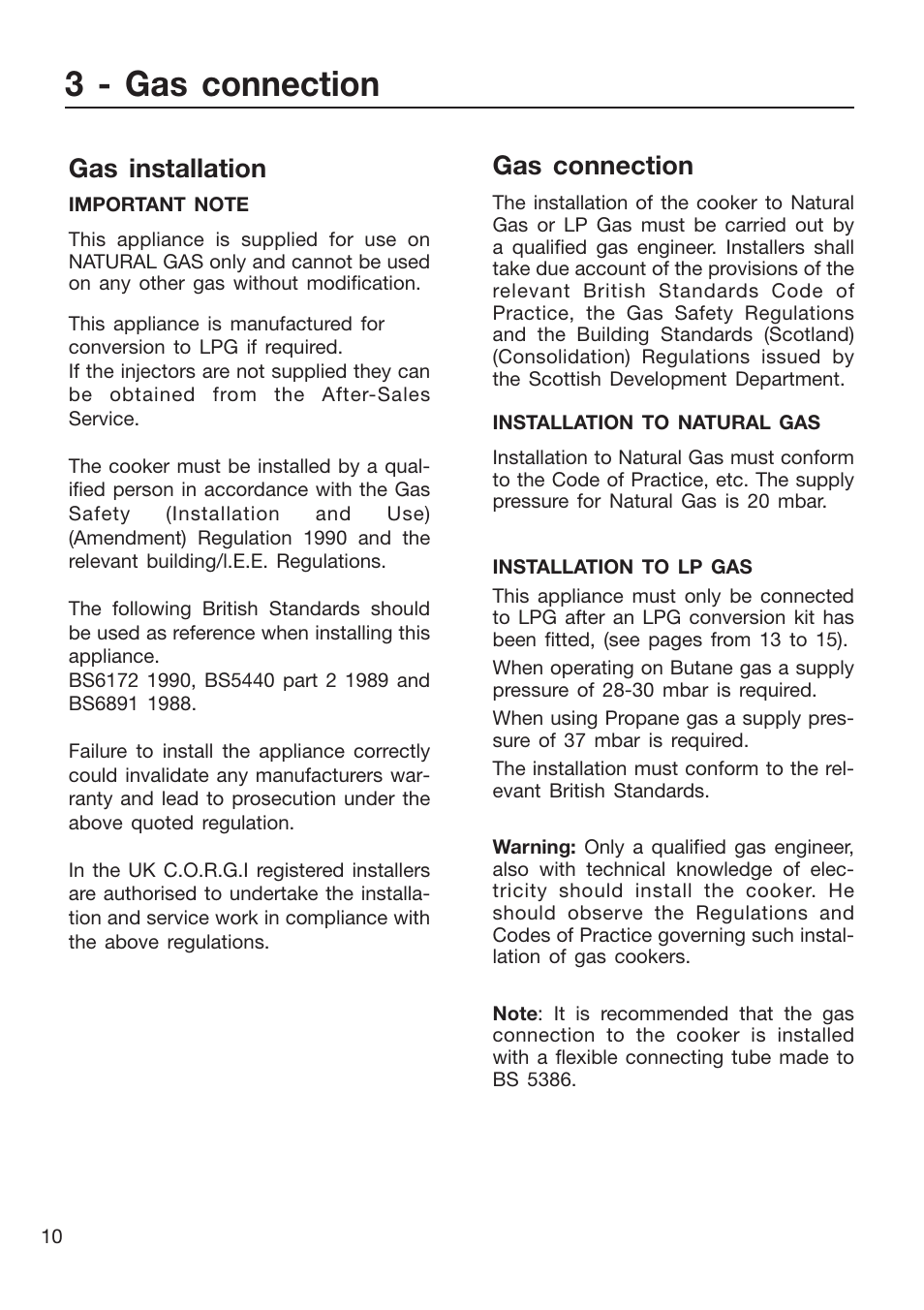 3 - gas connection, Gas installation, Gas connection | Caple CR9201AN User Manual | Page 10 / 44