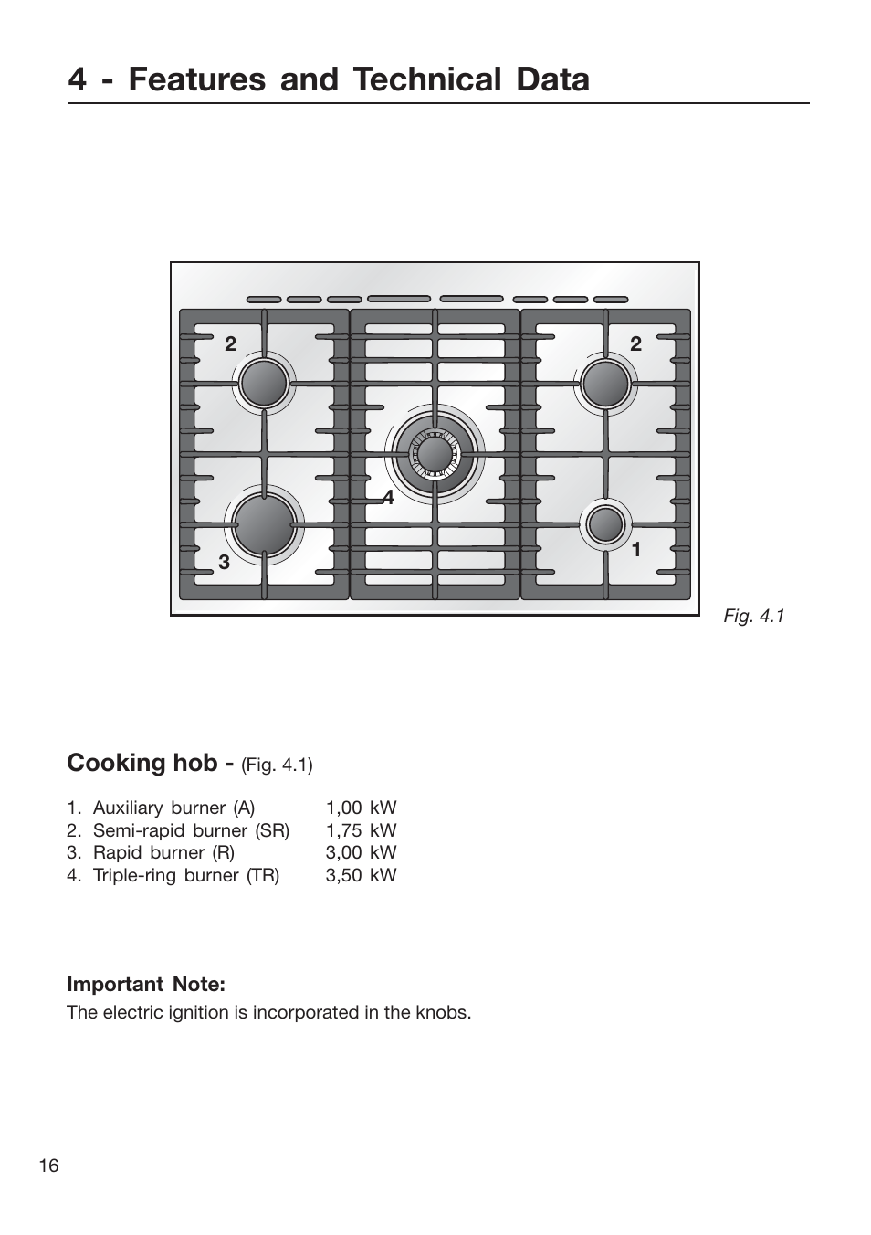 4 - features and technical data, Cooking hob | Caple CR9201AN User Manual | Page 16 / 44