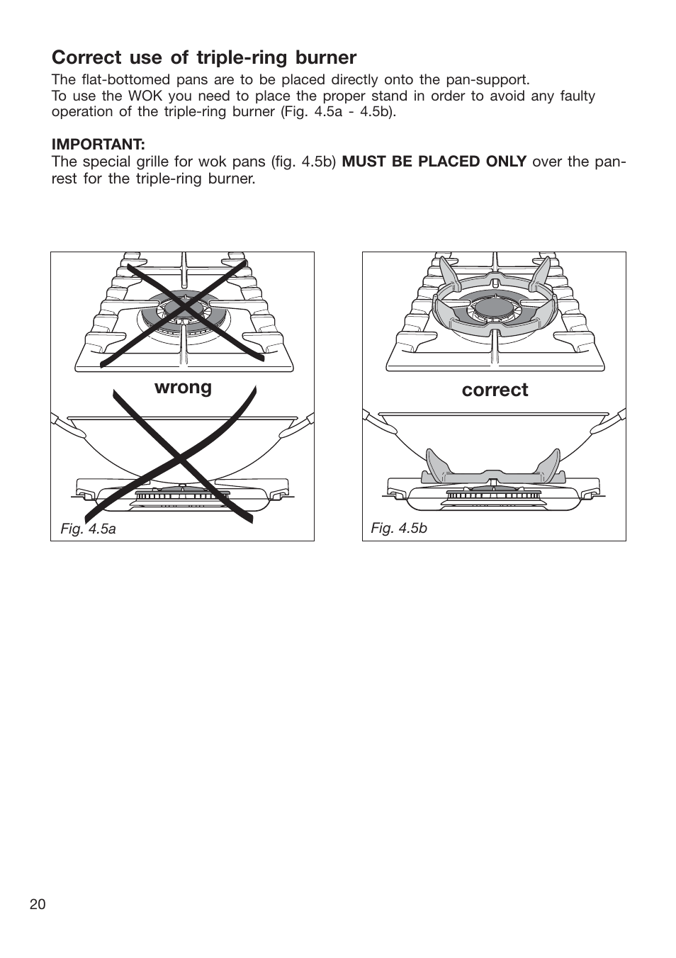 Correct use of triple-ring burner, Wrong correct | Caple CR9201AN User Manual | Page 20 / 44