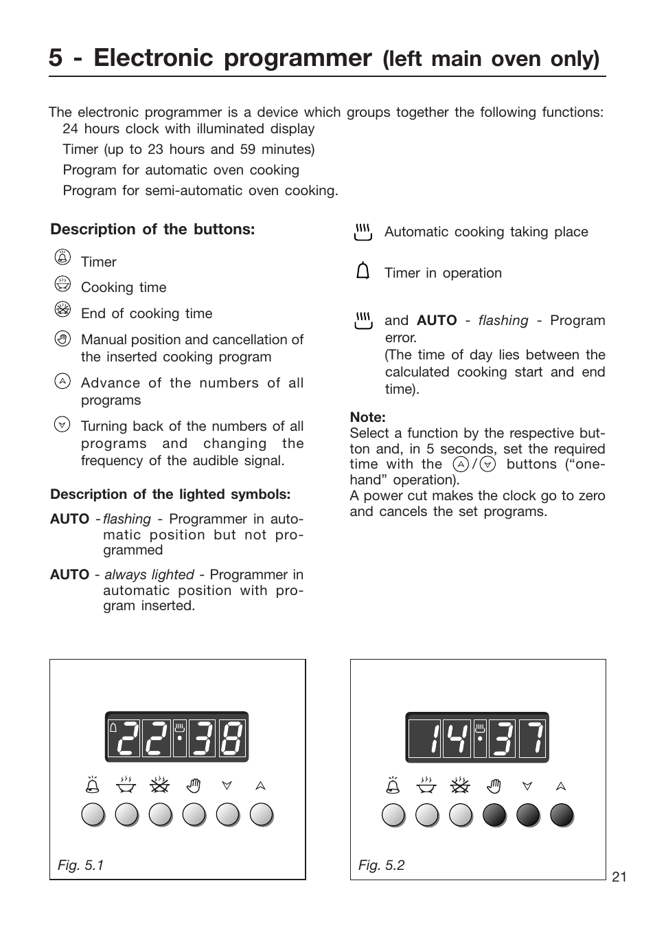 5 - electronic programmer, Left main oven only) | Caple CR9201AN User Manual | Page 21 / 44