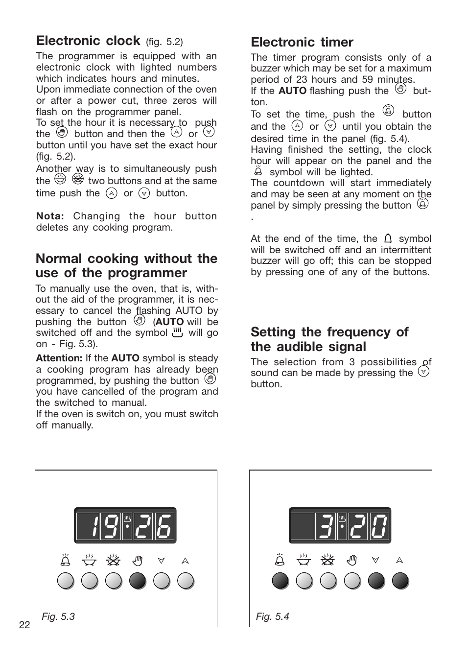 Electronic clock, Electronic timer, Setting the frequency of the audible signal | Normal cooking without the use of the programmer | Caple CR9201AN User Manual | Page 22 / 44