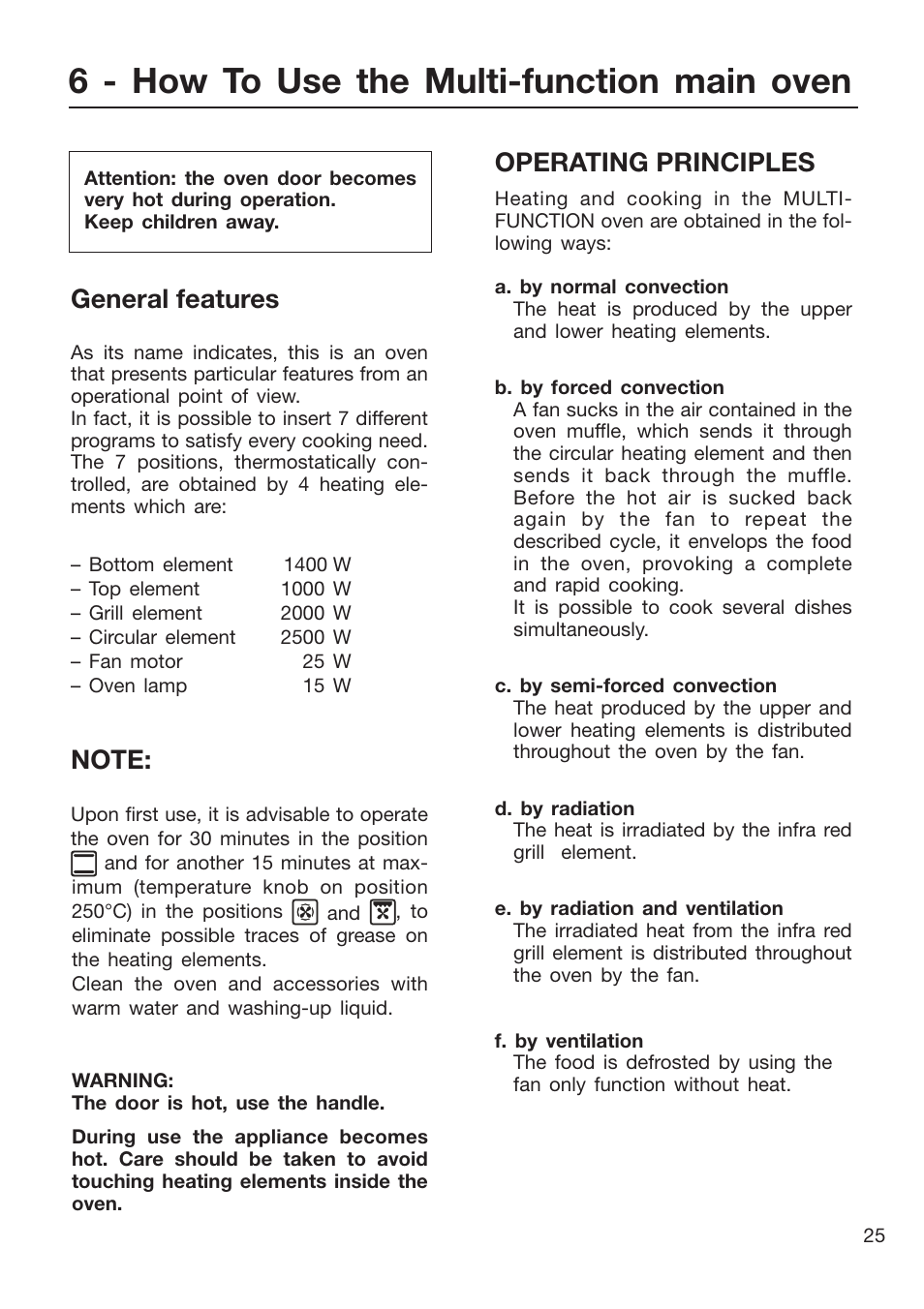 6 - how to use the multi-function main oven, General features, Operating principles | Caple CR9201AN User Manual | Page 25 / 44