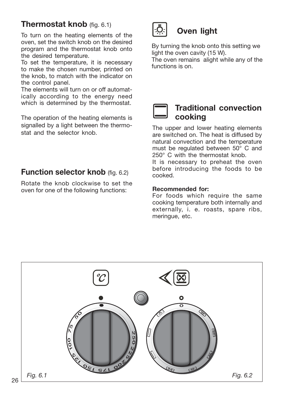 Thermostat knob, Function selector knob, Traditional convection cooking | Oven light | Caple CR9201AN User Manual | Page 26 / 44