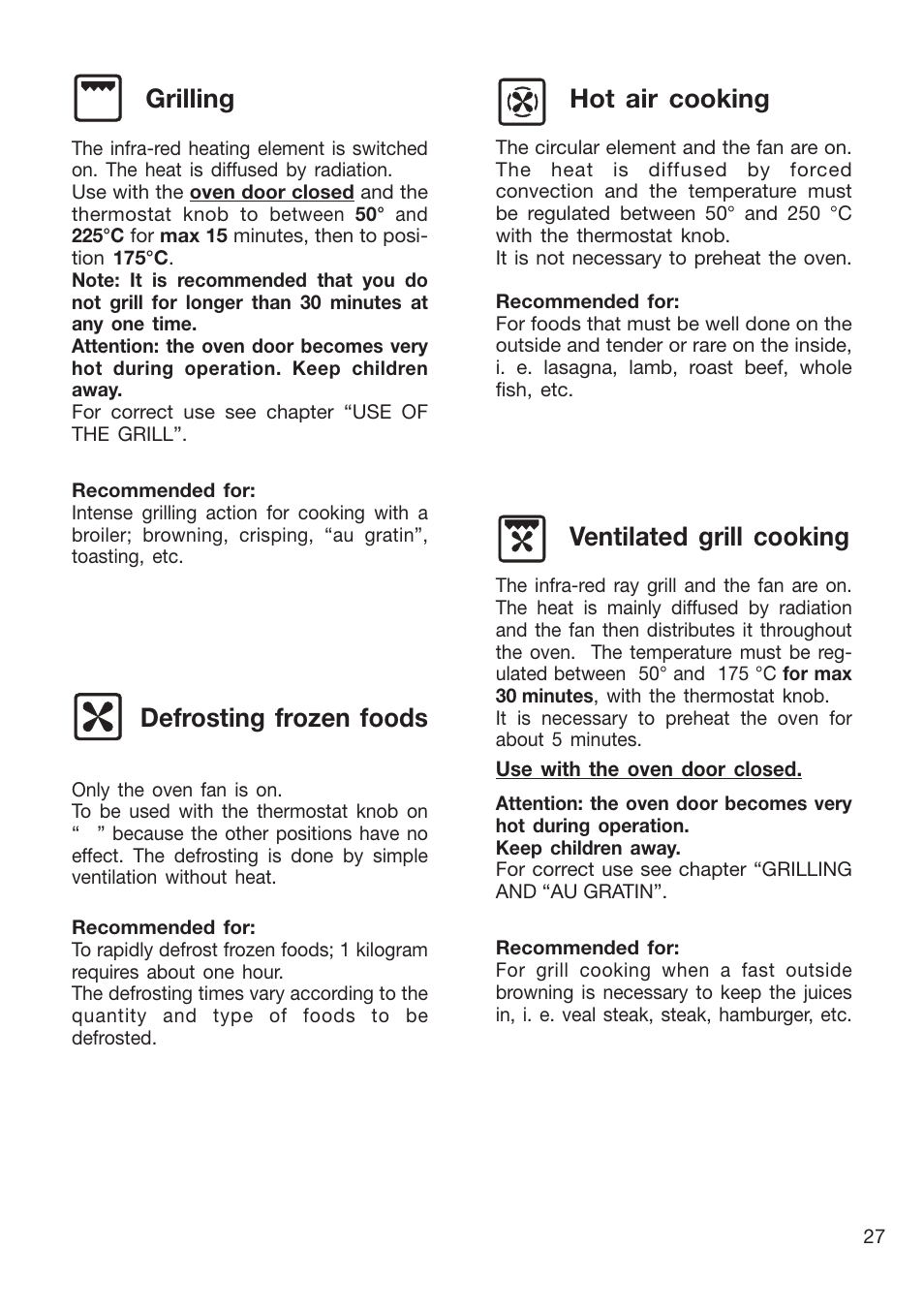 Defrosting frozen foods, Hot air cooking, Ventilated grill cooking | Grilling | Caple CR9201AN User Manual | Page 27 / 44