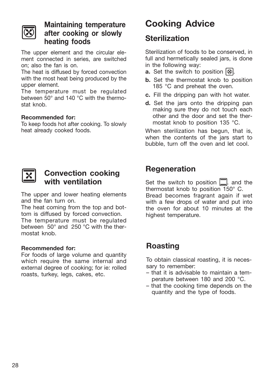 Cooking advice, Sterilization, Regeneration | Convection cooking with ventilation, Roasting | Caple CR9201AN User Manual | Page 28 / 44