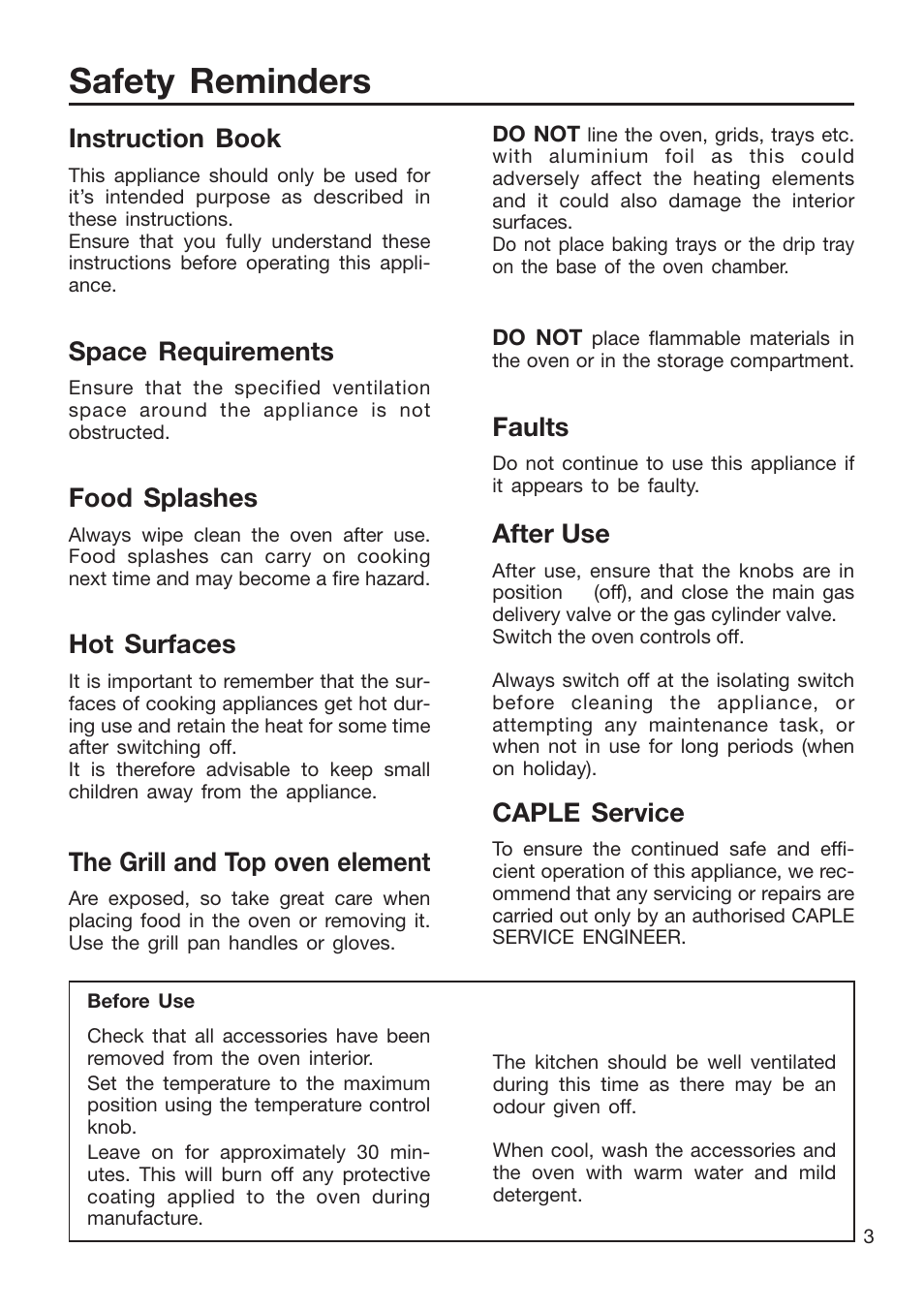 Safety reminders, Instruction book, Space requirements | Food splashes, Hot surfaces, The grill and top oven element, Faults, After use, Caple service | Caple CR9201AN User Manual | Page 3 / 44